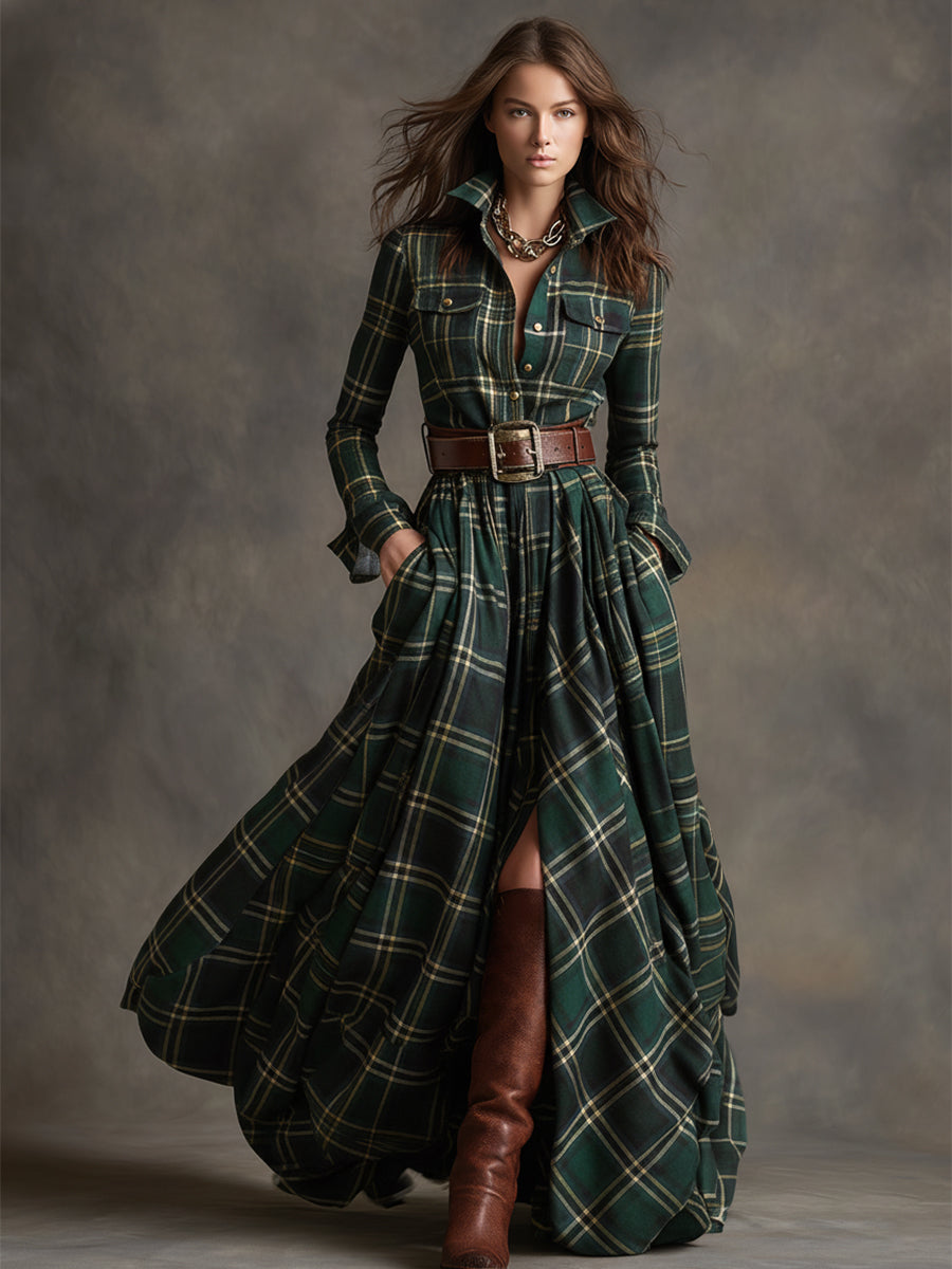 Belted Button-Front Long-Sleeve Maxi Shirt Dress for Women