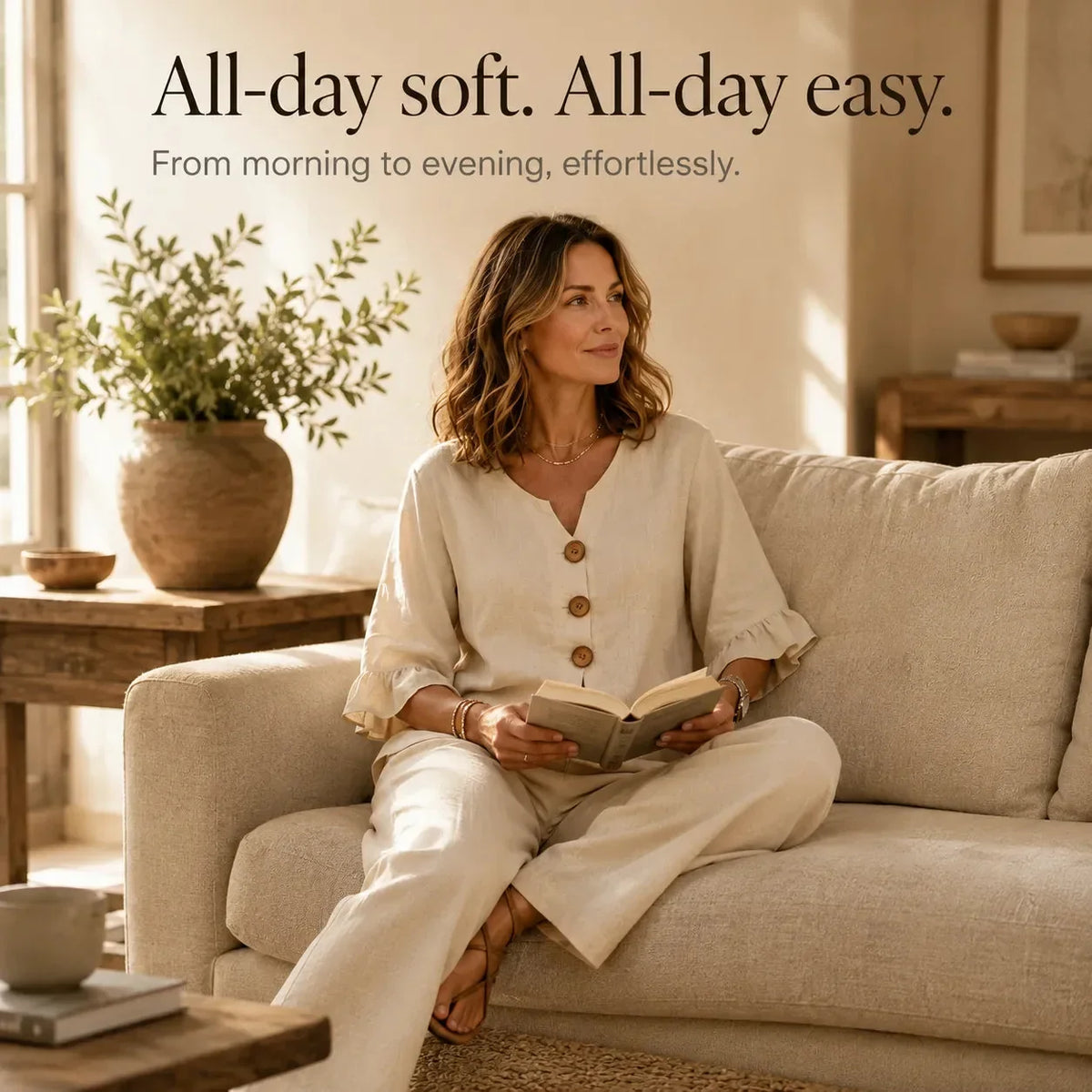 Linen-Look Two-Piece Set with Ruffle Sleeves and Wide-Leg Pants