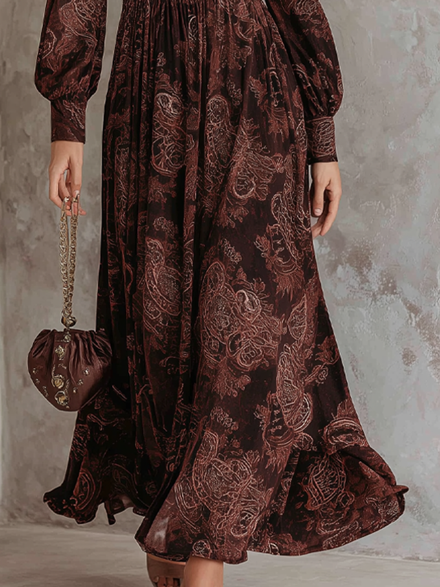 Paisley Zip-Waist Long-Sleeve Maxi Dress for Women