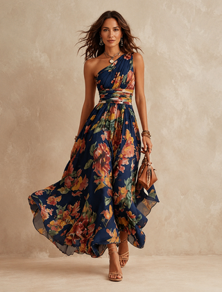Navy one-shoulder watercolor floral chiffon maxi dress with crossover waist