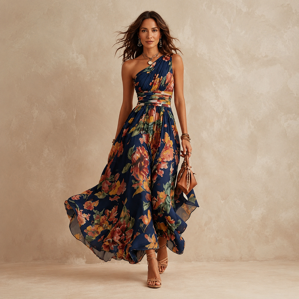 Navy one-shoulder watercolor floral chiffon maxi dress with crossover waist