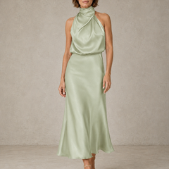 Light green halter satin evening dress