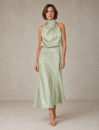 Light green halter satin evening dress