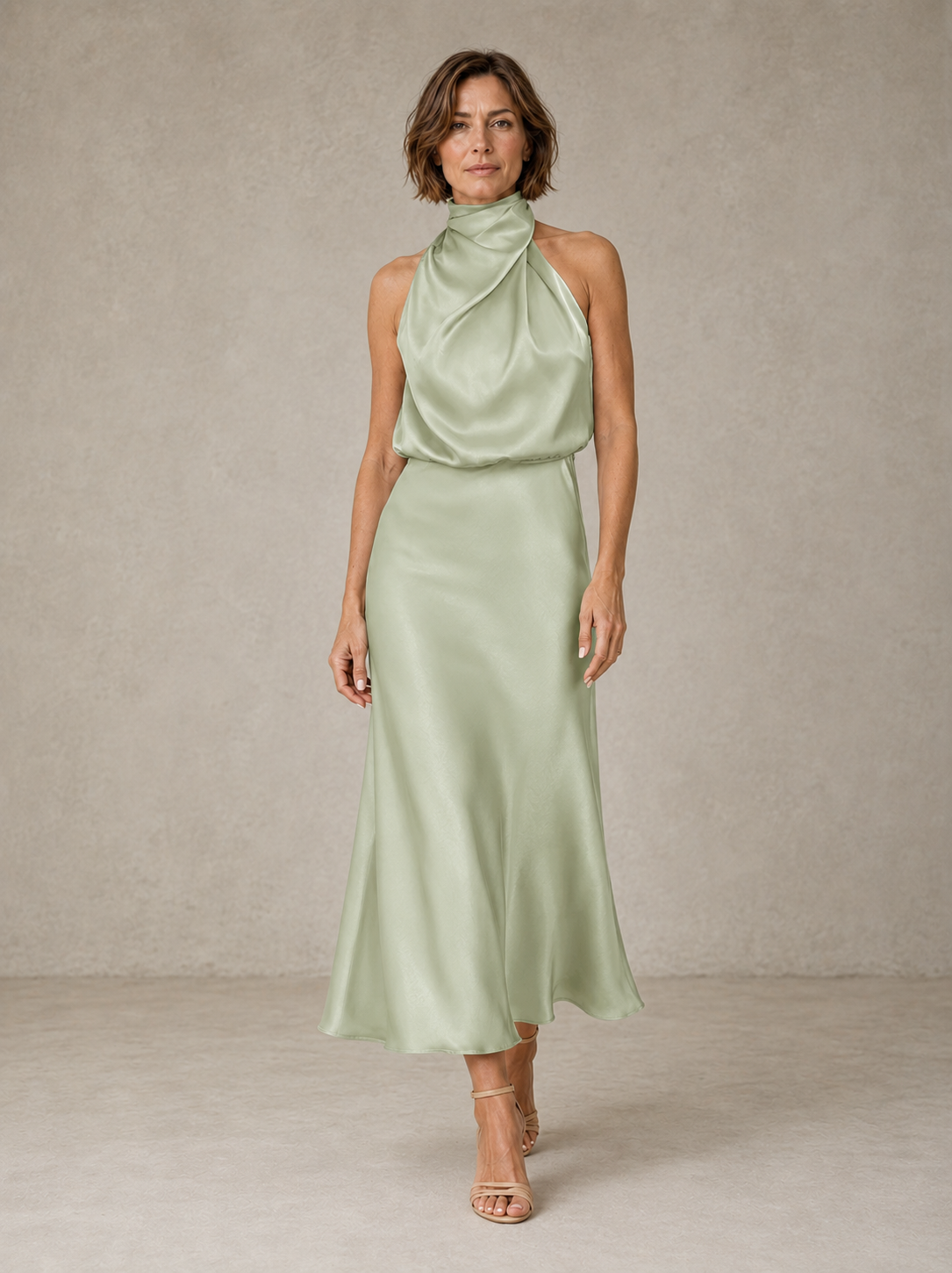 Light green halter satin evening dress