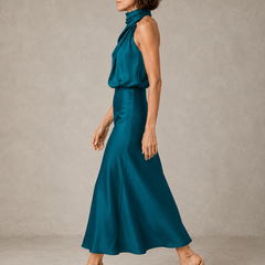Halter satin evening dress full length