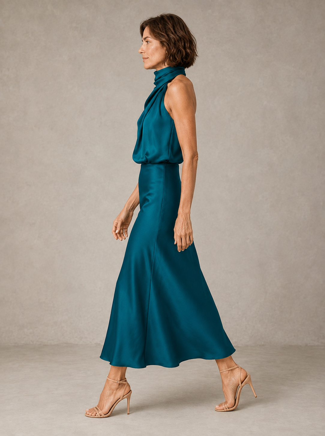 Halter satin evening dress full length