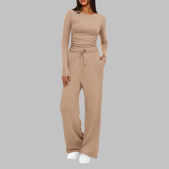 Casual Long Sleeve Top and Wide Leg Pants Set