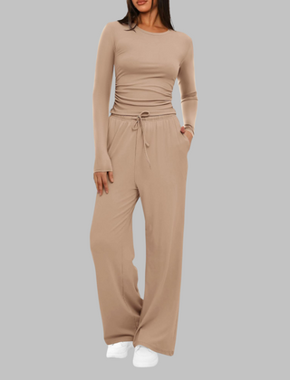 Casual Long Sleeve Top and Wide Leg Pants Set
