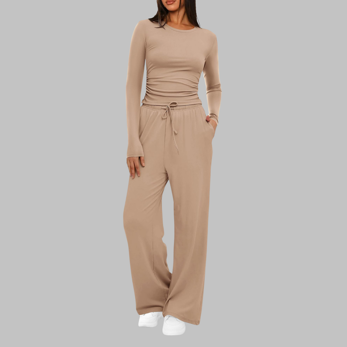Casual Long Sleeve Top and Wide Leg Pants Set