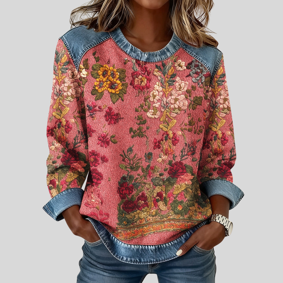 Floral Print Denim-Trim Sweatshirt