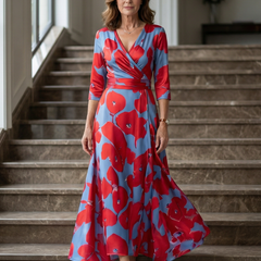 Natalie | Wrap-Neckline Midi Dress with 3/4 Sleeves
