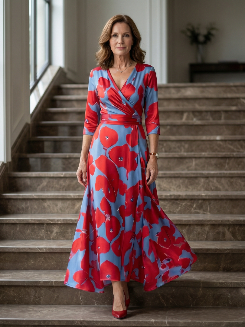Natalie | Wrap-Neckline Midi Dress with 3/4 Sleeves