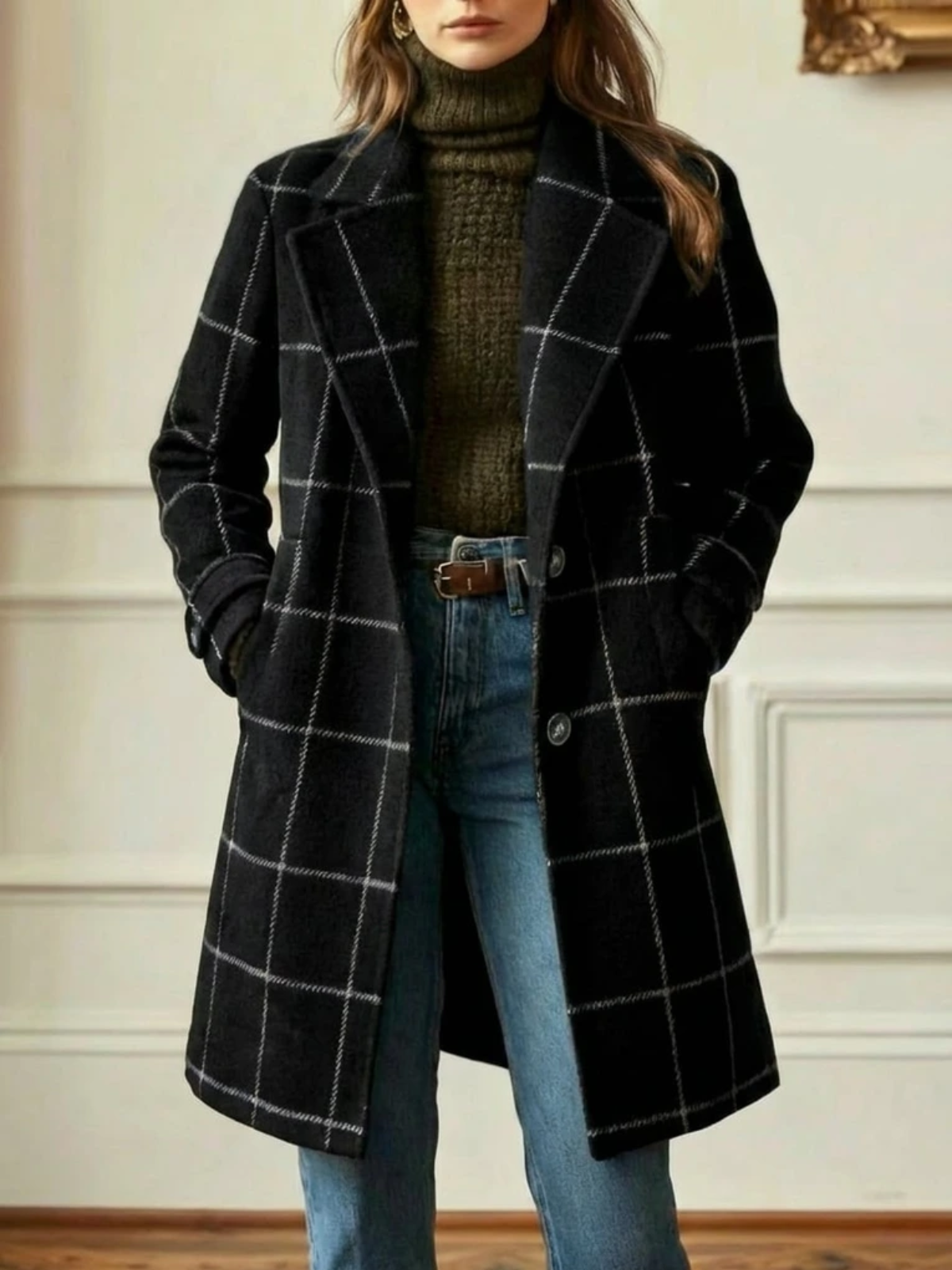 Plaid Wool-Blend Long Coat