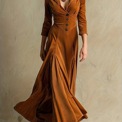 Collared V-Neck Button-Front 7/8-Sleeve Midi Dress for Women