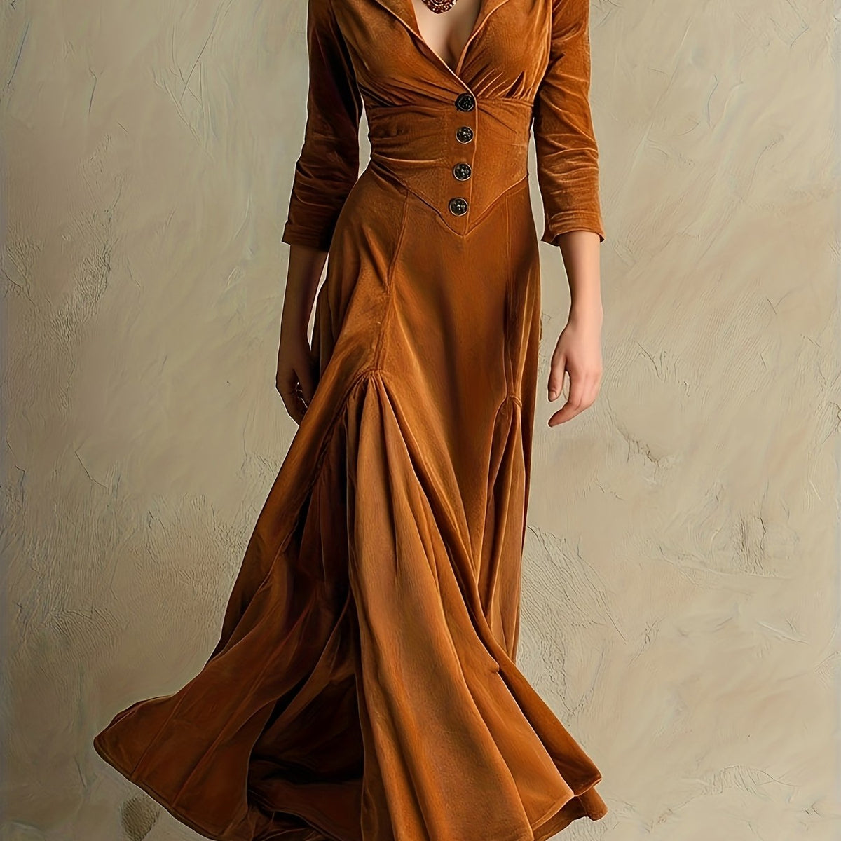 Collared V-Neck Button-Front 7/8-Sleeve Midi Dress for Women