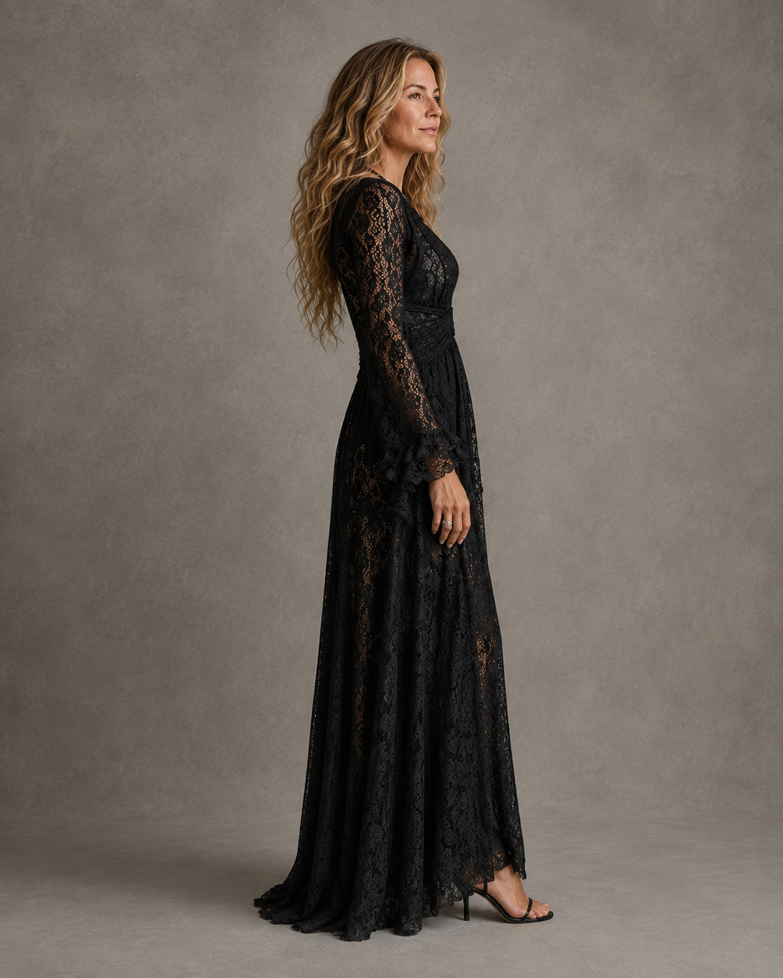 Lace maxi dress with bell sleeves full length