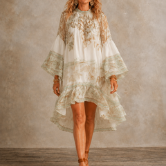 Green printed ruffle hem mini dress with flounce sleeves