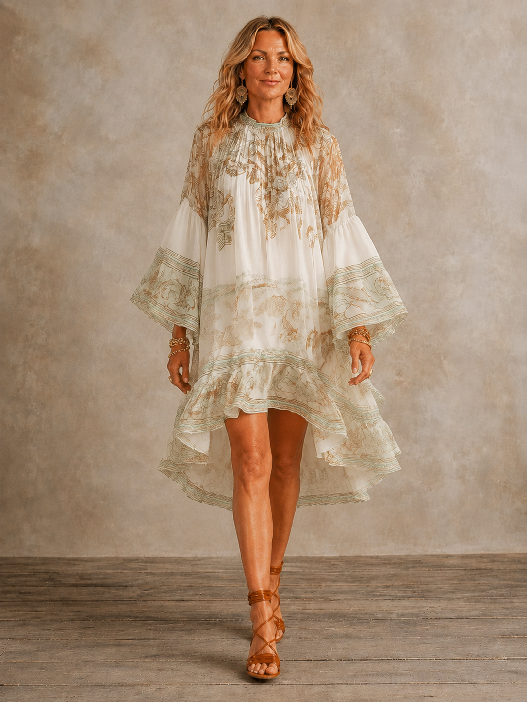 Green printed ruffle hem mini dress with flounce sleeves