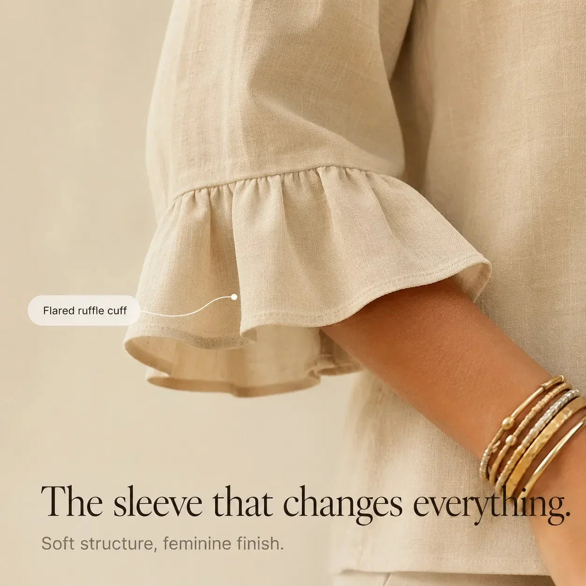 Linen-Look Two-Piece Set with Ruffle Sleeves and Wide-Leg Pants