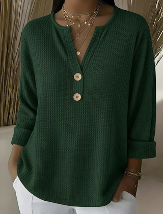 Textured waffle knit button sweater in green