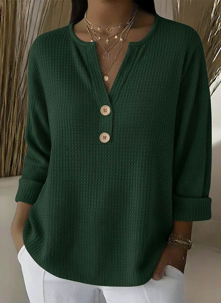 Textured waffle knit button sweater in green