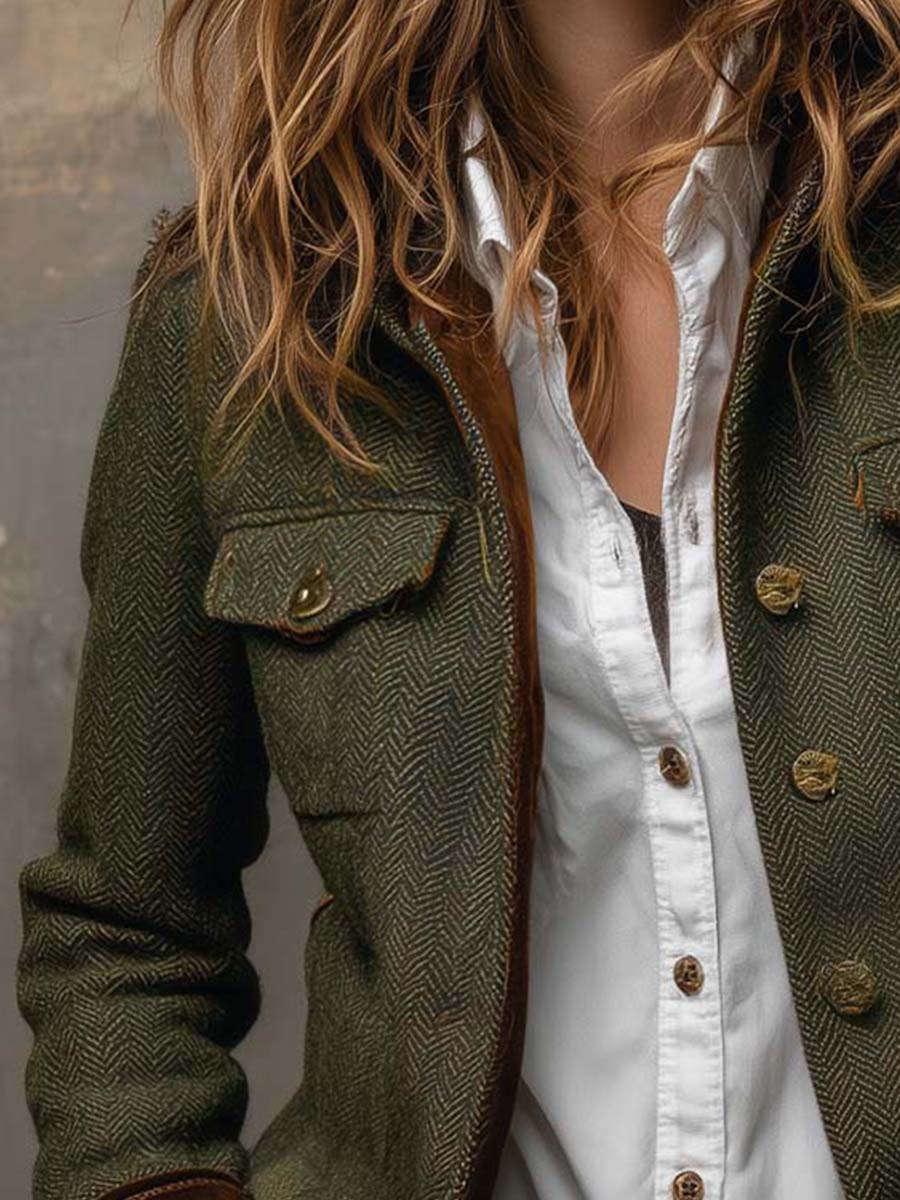Herringbone Contrast-Trim Blazer