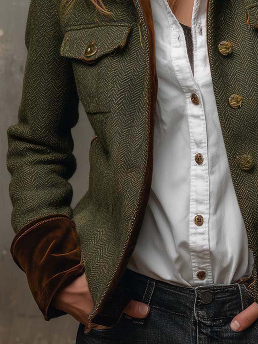 Herringbone Contrast-Trim Blazer
