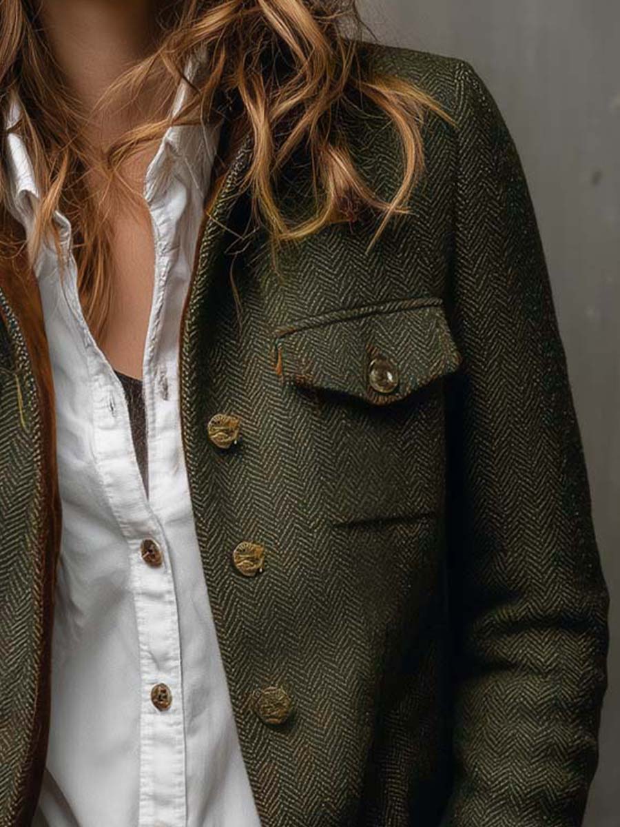 Herringbone Contrast-Trim Blazer