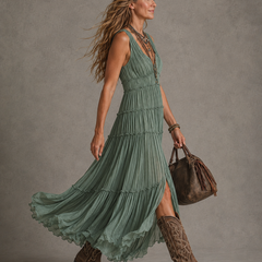 Gathered V-neck pleated maxi dress full length