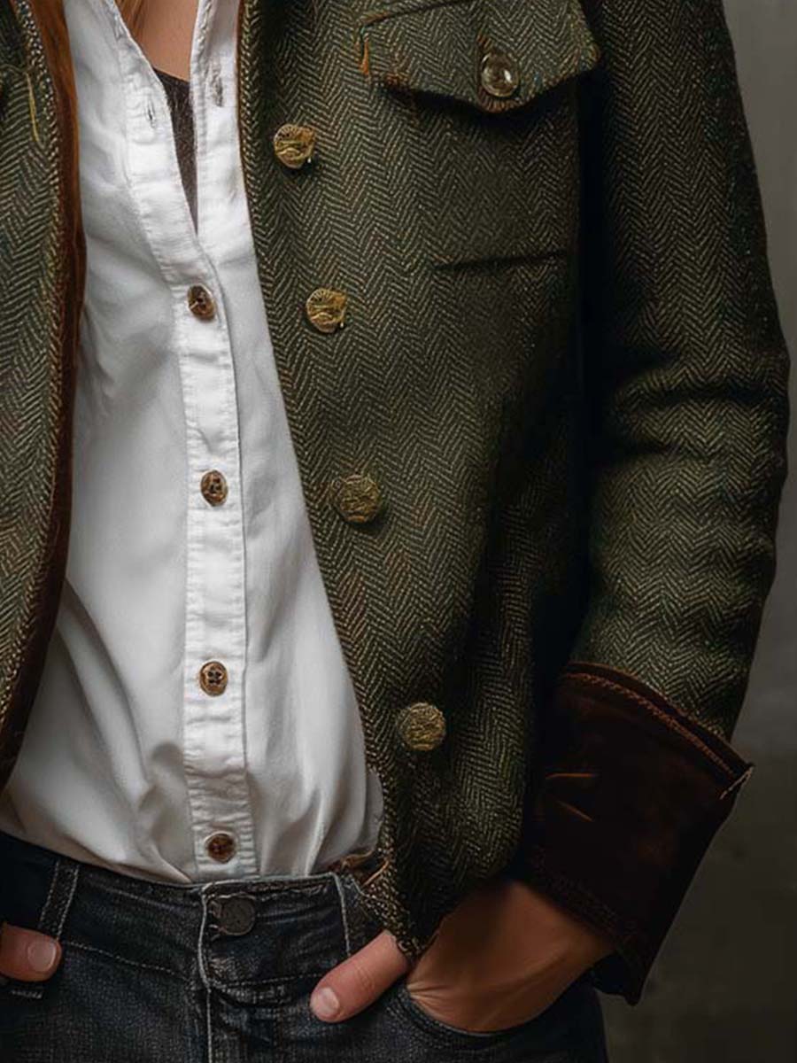 Herringbone Contrast-Trim Blazer