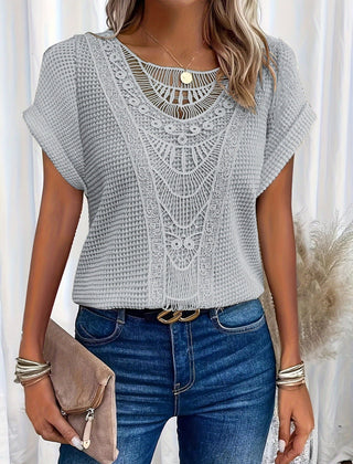 Top with Round Neck and Lace Trim