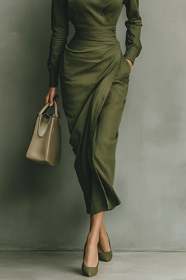 Collared Button-Front Draped-Waist Midi Dress for Women