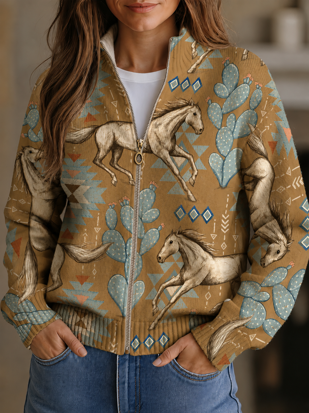 Desert Horse and Cactus Zip Cardigan