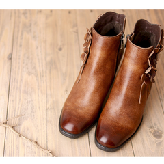 Retro Handmade Floral Leather Solid Color Ankle Boots