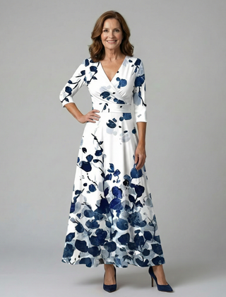Natalie | Wrap-Neckline Midi Dress with 3/4 Sleeves