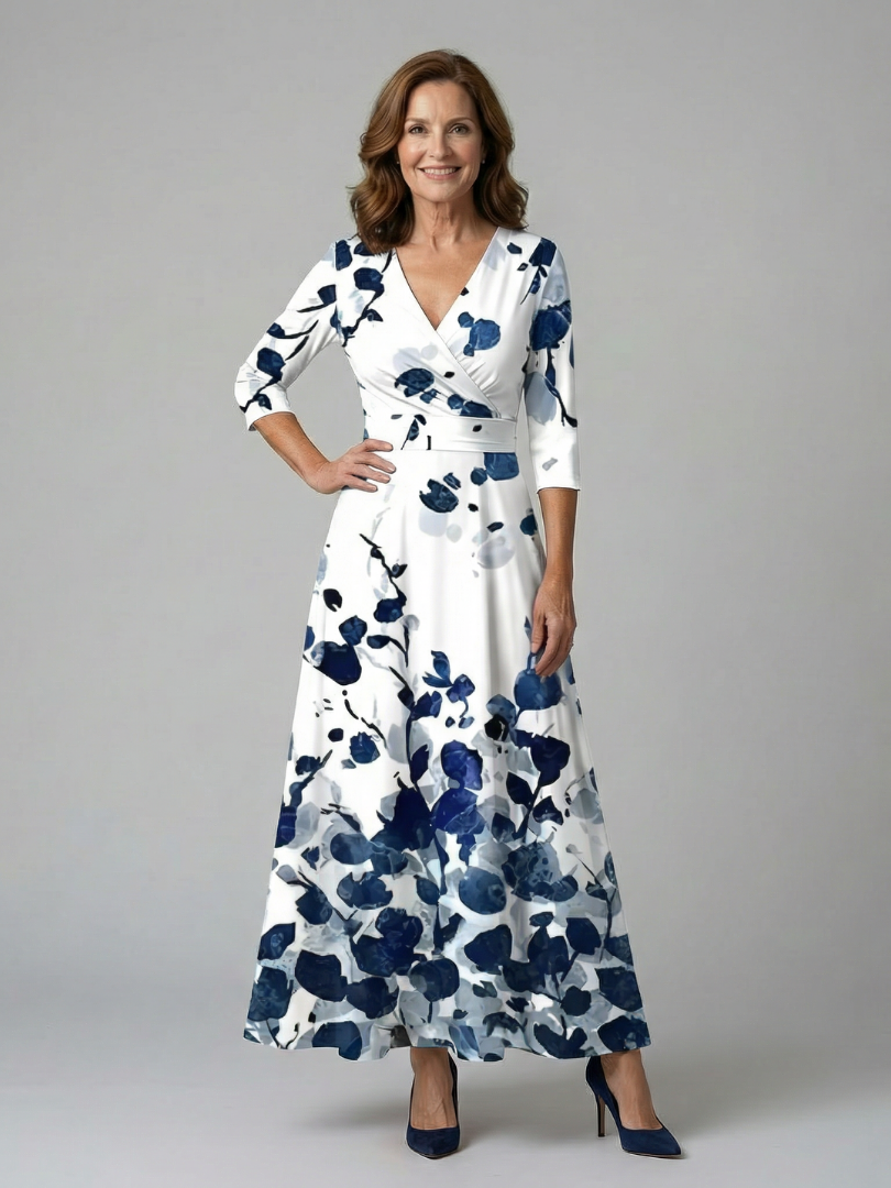 Natalie | Wrap-Neckline Midi Dress with 3/4 Sleeves