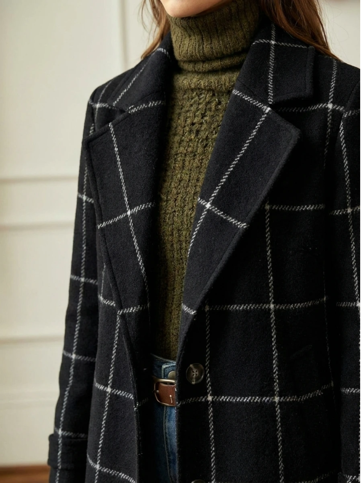 Plaid Wool-Blend Long Coat