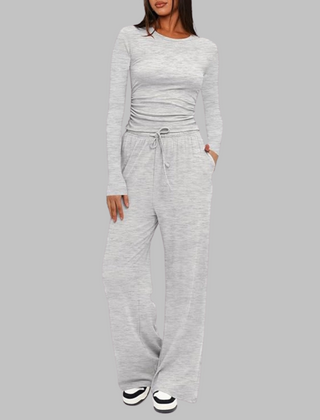 Casual Long Sleeve Top and Wide Leg Pants Set