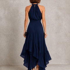 Halter neckline detail on ruffle hem maxi dress