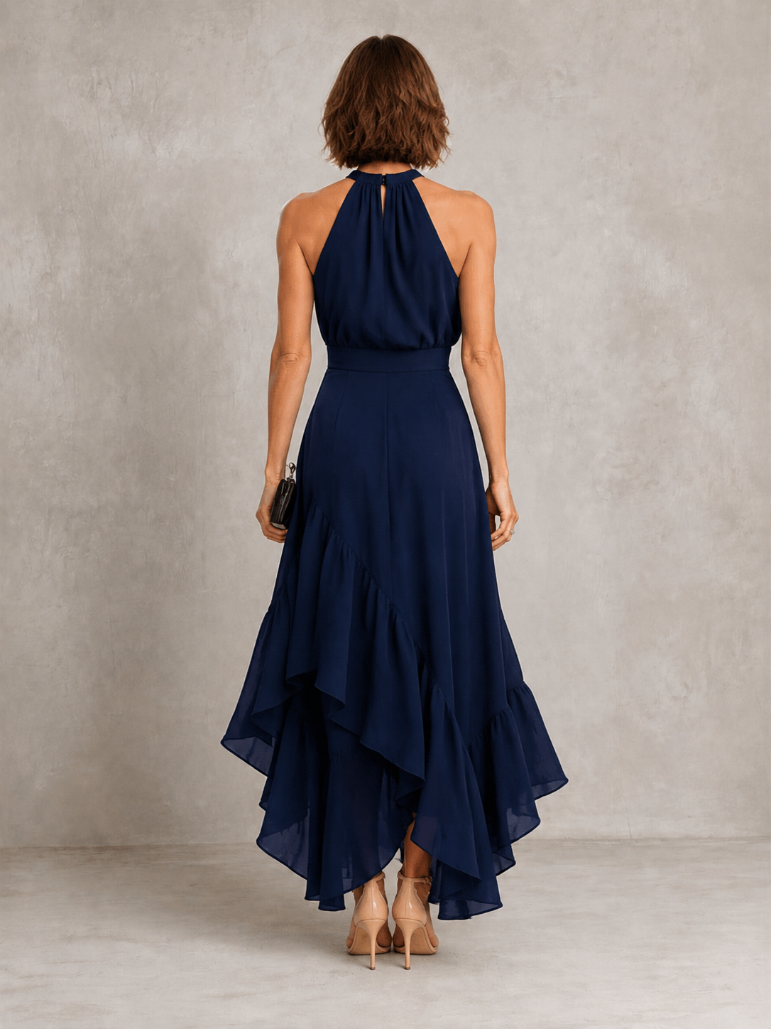 Halter neckline detail on ruffle hem maxi dress