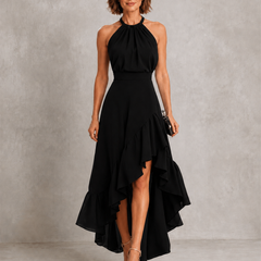 Black halter maxi dress with ruffle hem
