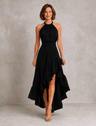 Black halter maxi dress with ruffle hem