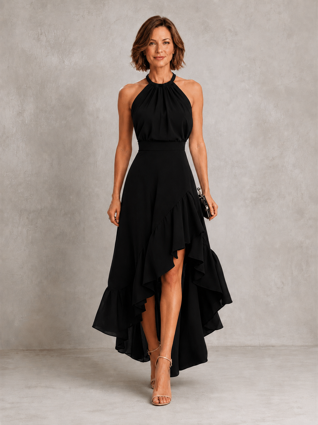 Black halter maxi dress with ruffle hem