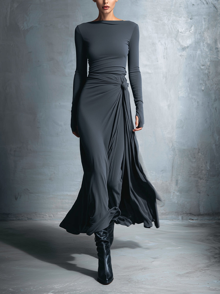 Long-Sleeve Side-Tie Draped Maxi Dress for Women