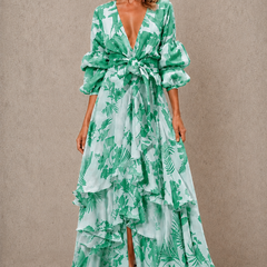 Green tiered floral maxi dress with bow belt