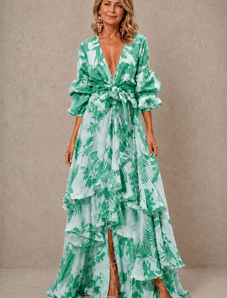 Green tiered floral maxi dress with bow belt