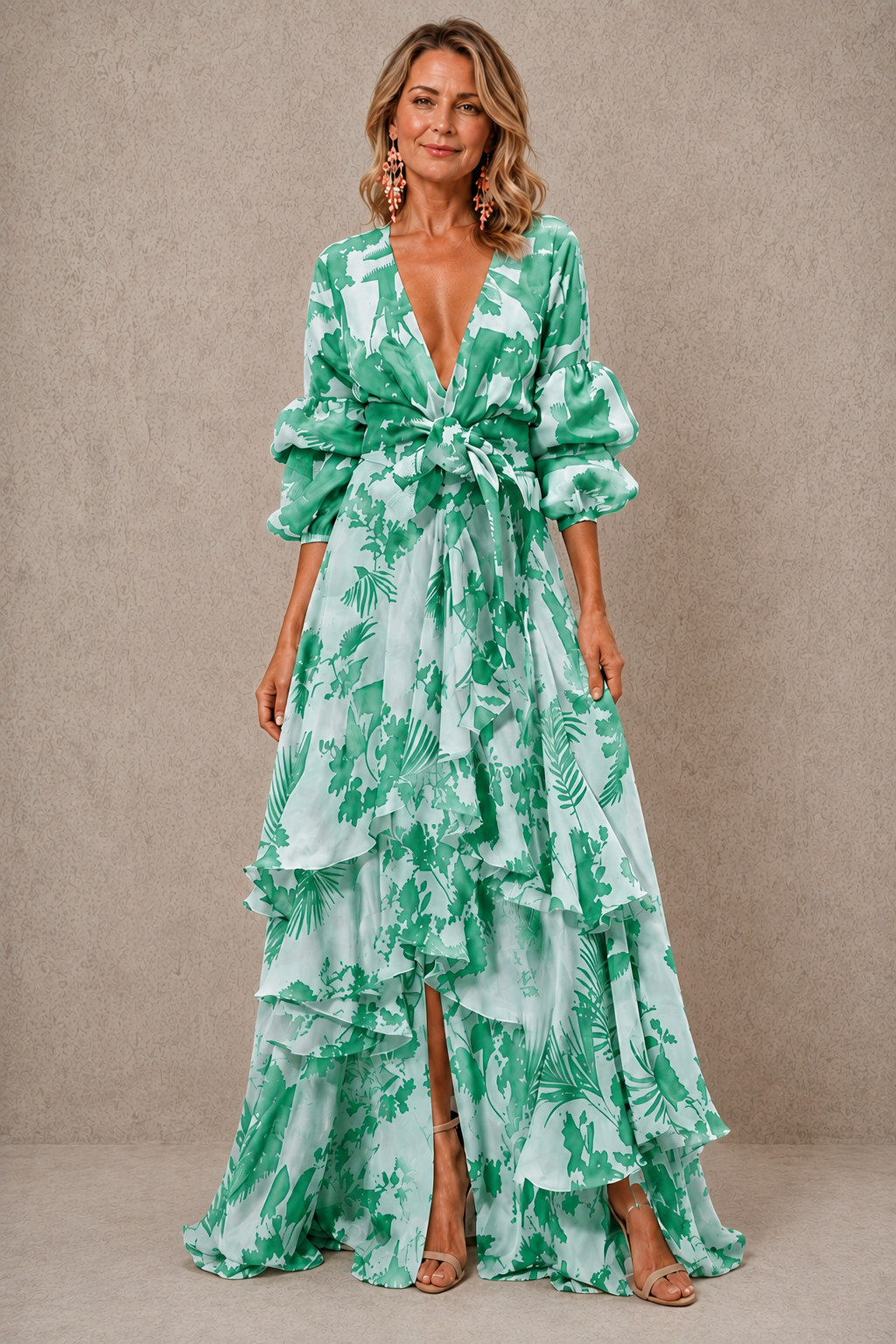 Green tiered floral maxi dress with bow belt