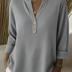 Textured waffle knit button sweater in grey