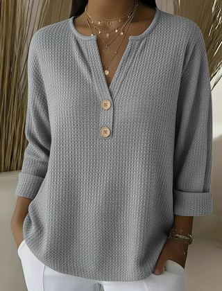 Textured waffle knit button sweater in grey