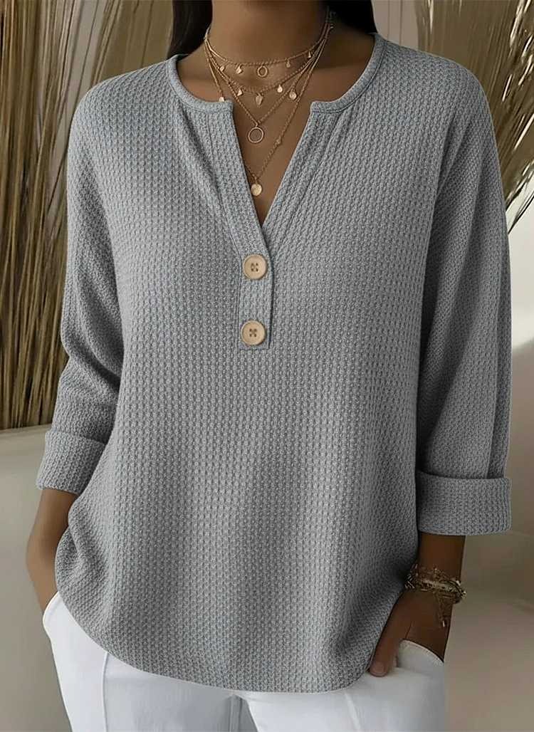 Textured waffle knit button sweater in grey